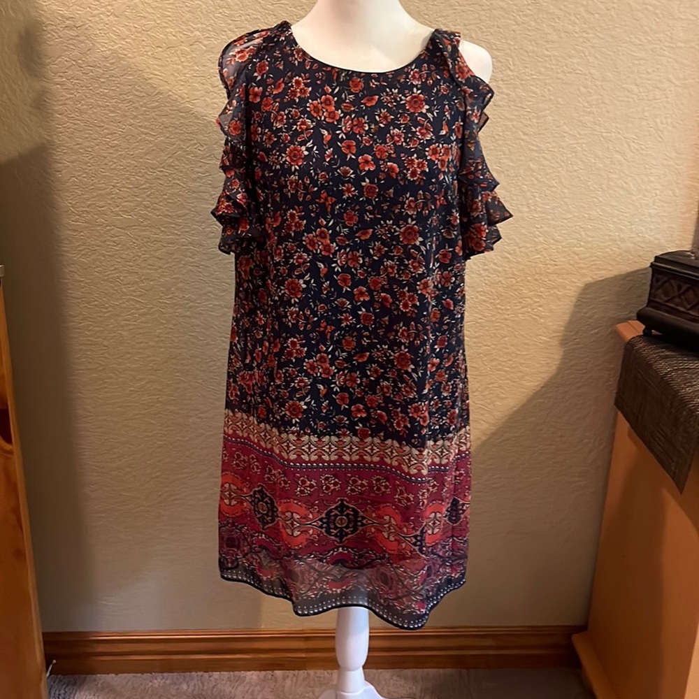 Navy floral fully lined cold shoulder, mini dress